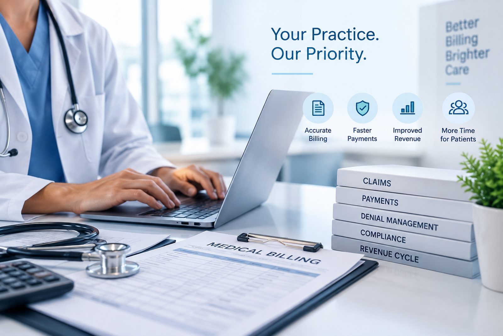 A physician working at a laptop beside a medical billing claim form, a calculator and a stethoscope, with files marked Claims, Payments, Denial Management, Compliance and Revenue Cycle.
